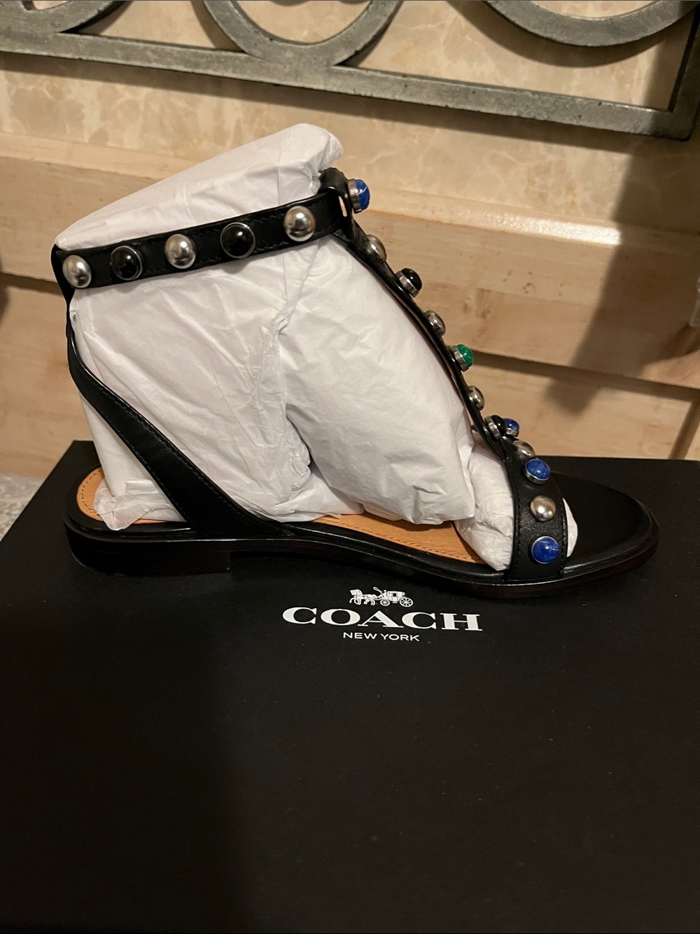 COACH Black Gladiator Sandals with Multicolor Gem Studs